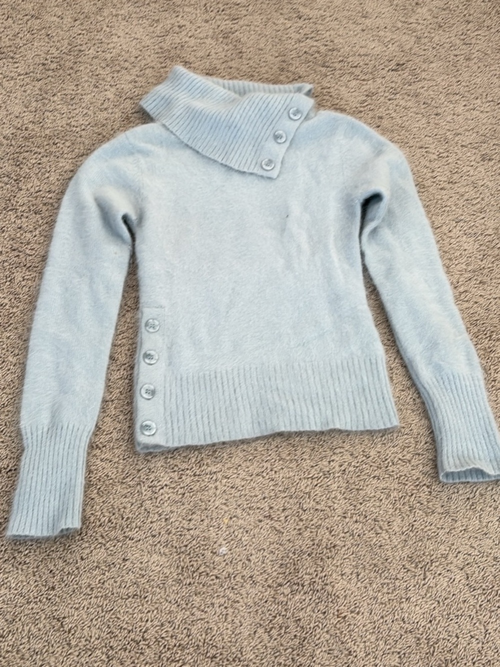 le chateau Light Blue Asymmetric Button Turtleneck Sweater